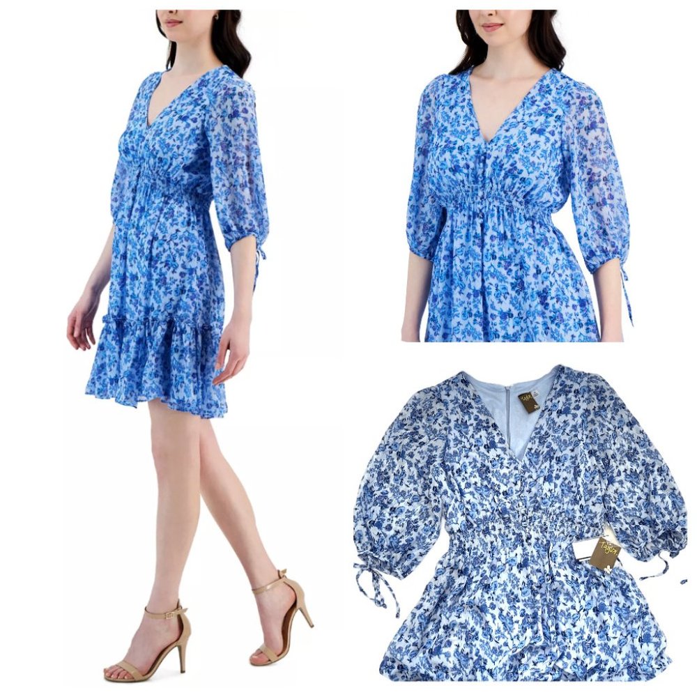 NWT Talor Printed V-Neck Smocked-Waist Dress 3/4-Sleeve 12